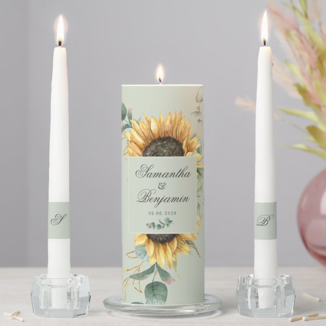 Eucalyptus Sunflower Greenery Gold Floral Wedding Unity Candle Set (In Situ)