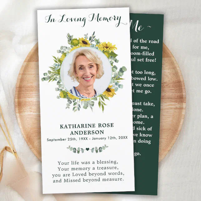 Eucalyptus Sunflower Memorial Funeral Prayer Card | Zazzle