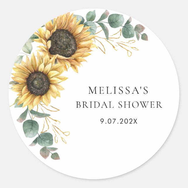Eucalyptus Sunflower Modern Bridal Shower Classic Round Sticker (Front)
