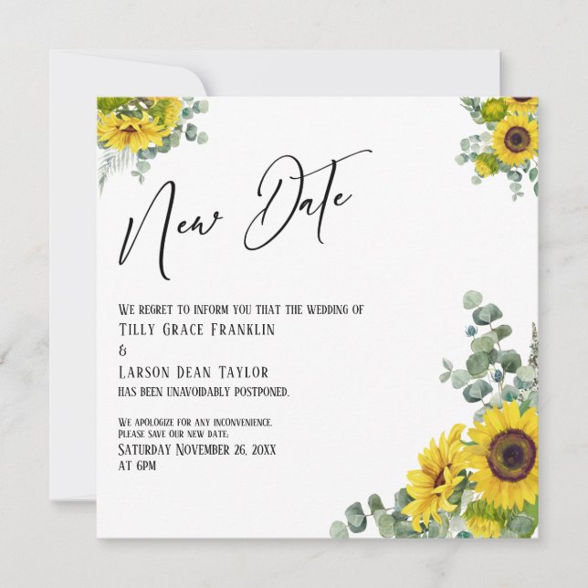 Eucalyptus Sunflower New Date Wedding Announcement (Front)