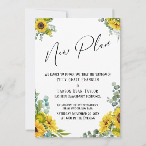 Eucalyptus Sunflower New Plan Delayed Wedding Card