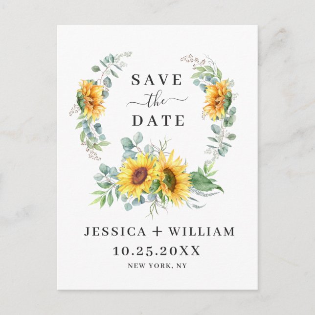 Eucalyptus Sunflower PHOTO Wedding Save the Date Announcement Postcard (Front)