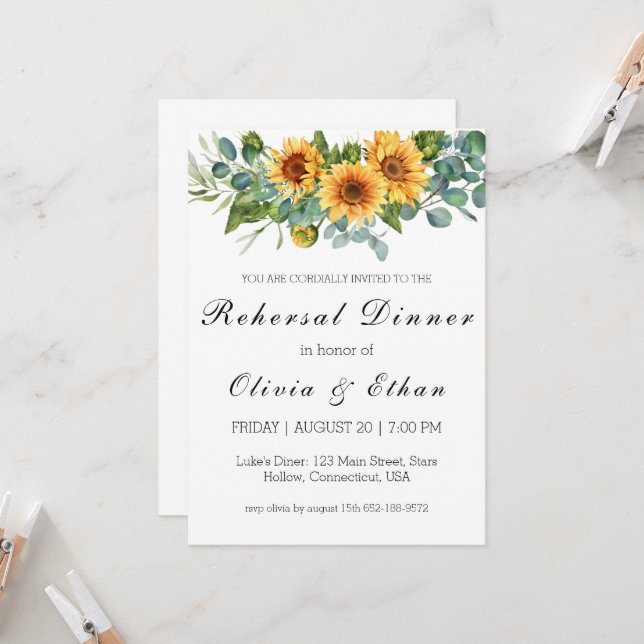 Eucalyptus sunflower rehearsal dinner invitations (Front/Back In Situ)