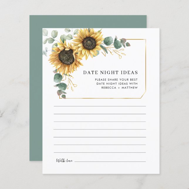 Eucalyptus Sunflower Wedding Date Night Ideas Card (Front/Back)