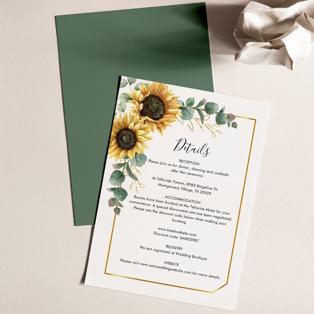 Eucalyptus Sunflower Wedding Details Card (Sunflower Eucalyptus Floral Wedding Details Card)