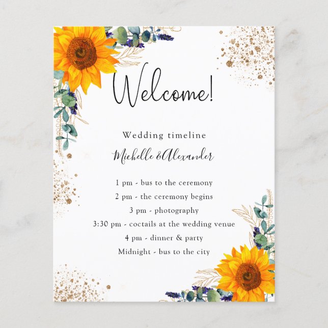 Eucalyptus sunflower wedding program details flyer (Front)