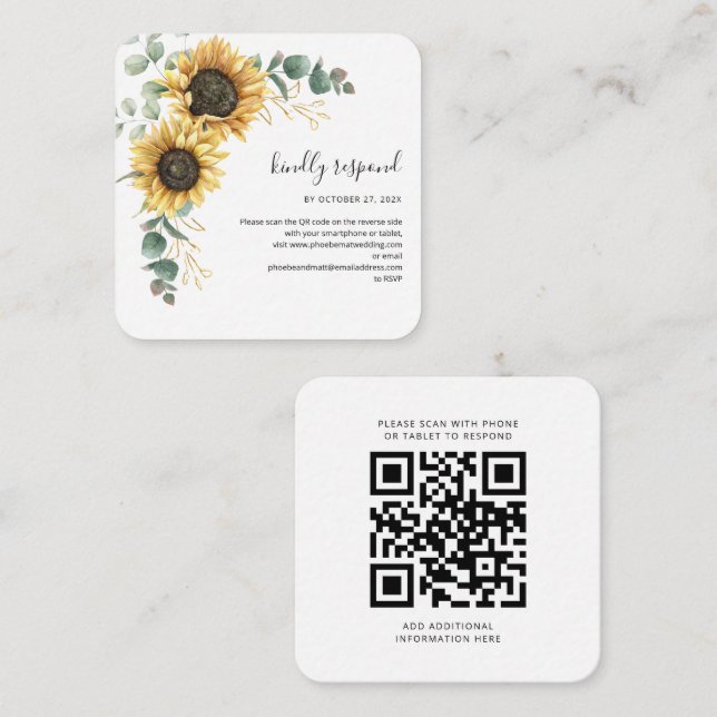 Eucalyptus Sunflower Wedding QR Code RSVP Note Card (Front/Back)