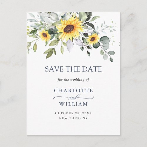 Eucalyptus Sunflower Wedding Save the Date QR code Postcard