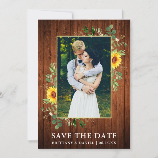Eucalyptus Sunflower Wood Save The Date Card (Front)