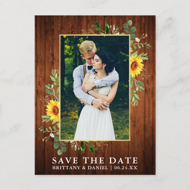 Eucalyptus Sunflower Wood Save The Date Postcard (Front)