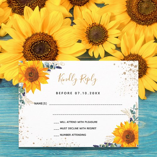 Eucalyptus sunflowers glitter wedding RSVP card