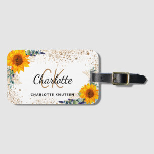 Eucalyptus sunflowers gold glitter monogram luggage tag