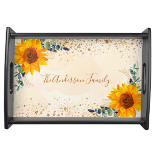 Eucalyptus sunflowers greenery rose gold glitter serving tray
