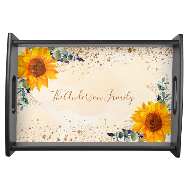 Eucalyptus sunflowers greenery rose gold glitter serving tray (Front)