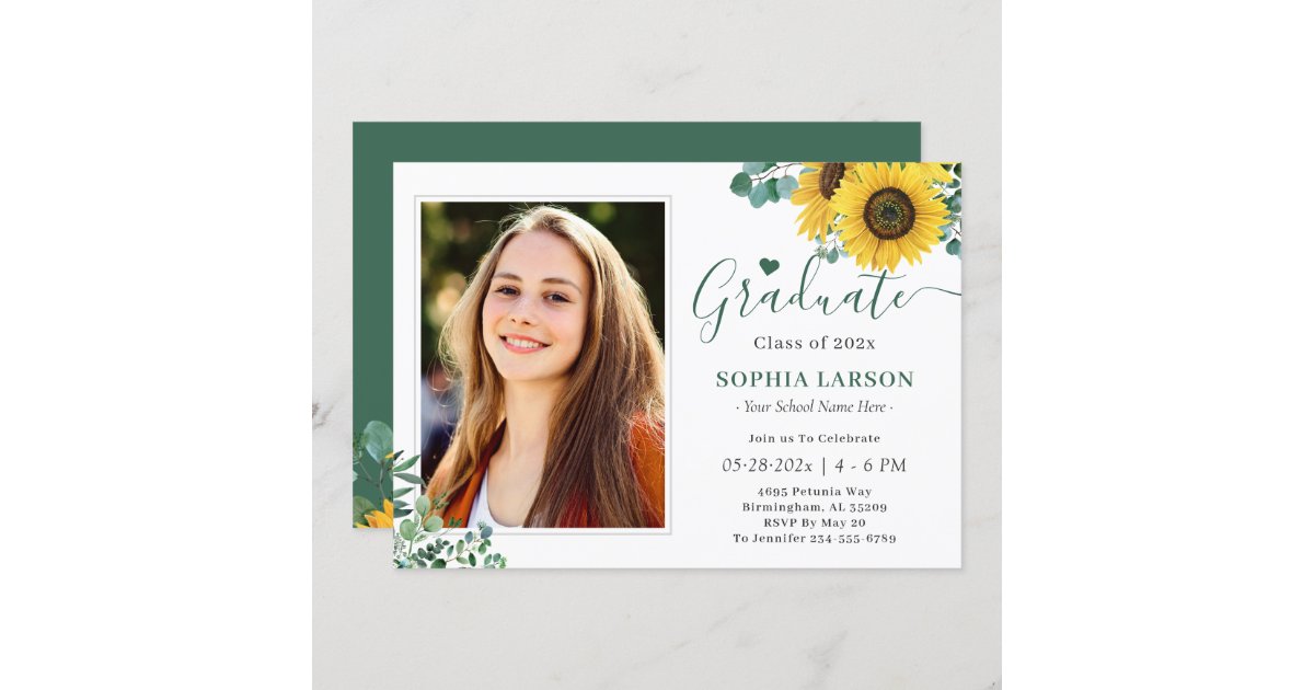 Eucalyptus Sunflowers Photo Graduation Celebration Invitation | Zazzle