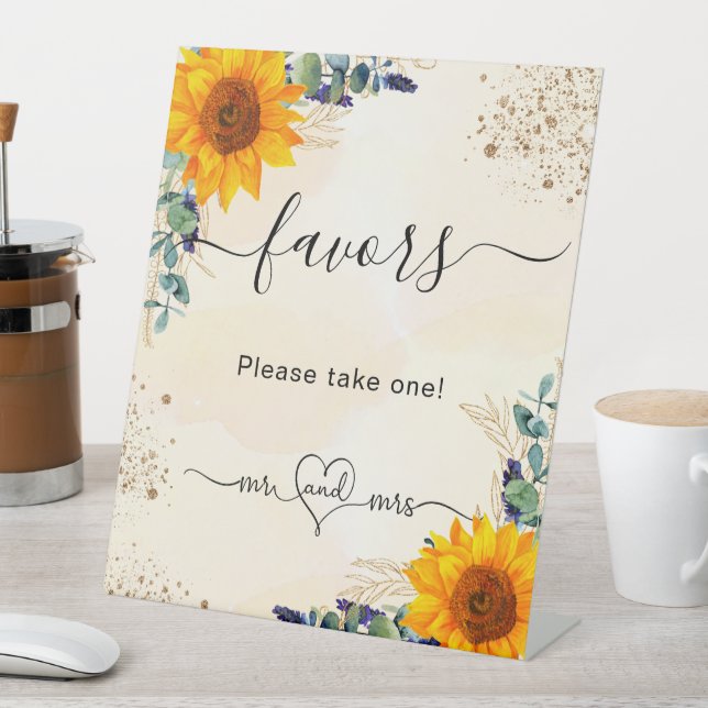 Eucalyptus sunflowers wedding favors guests pedestal sign (In SItu)