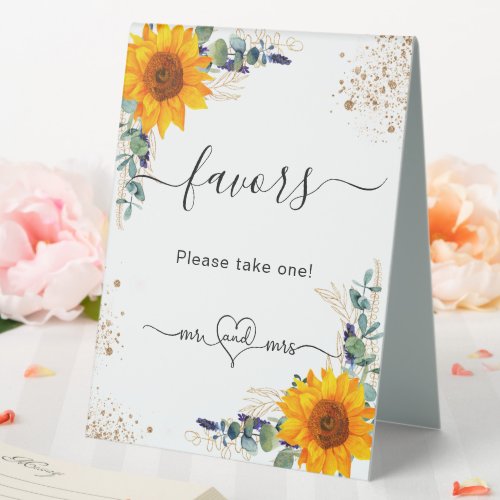 Eucalyptus sunflowers wedding favors guests table tent sign