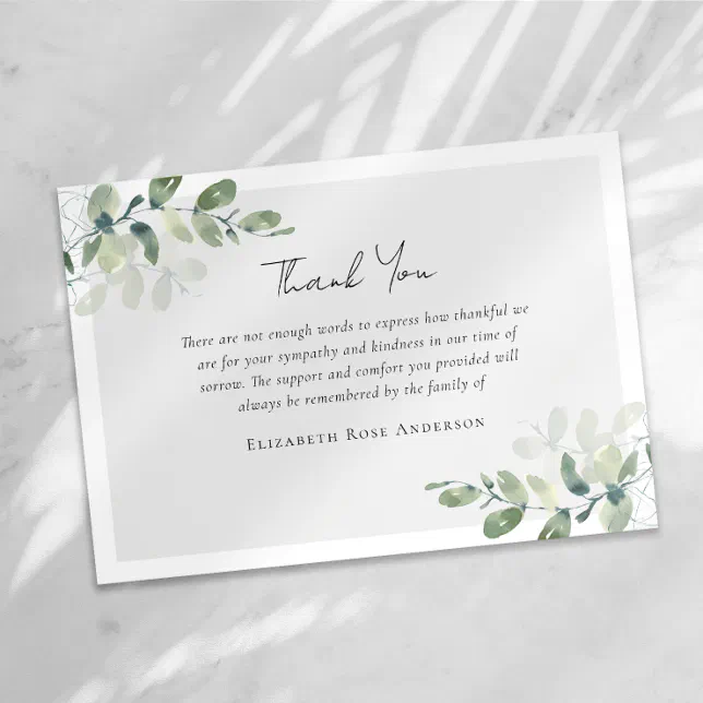 Eucalyptus Sympathy Funeral Thank You Card | Zazzle