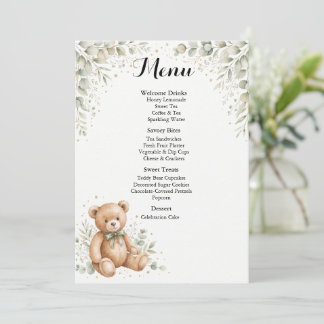 Eucalyptus Teddy Bear Baby Shower Menu Card
