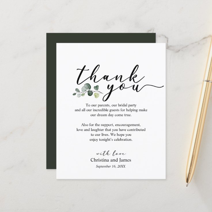 Eucalyptus Thank You Wedding Reception Card | Zazzle