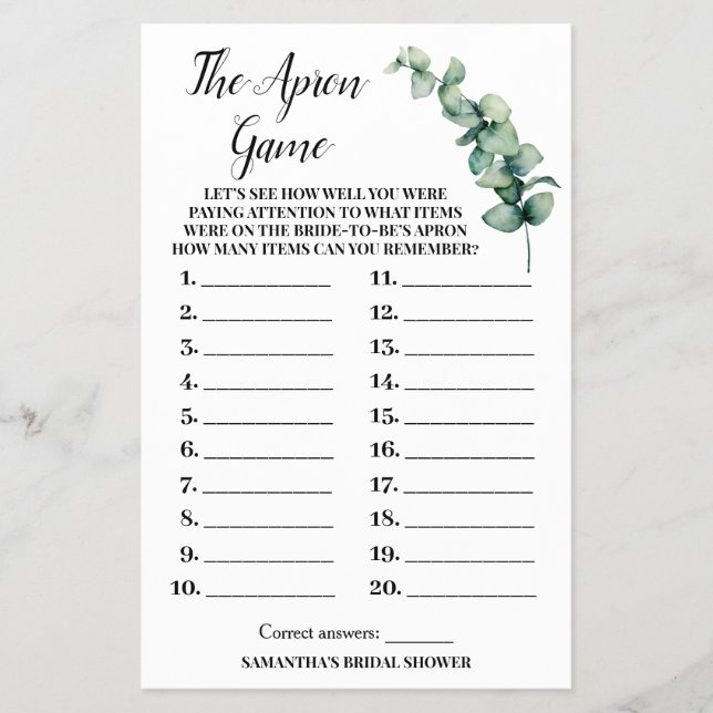 Eucalyptus The Apron Bridal Shower Game Card Flyer (Front)