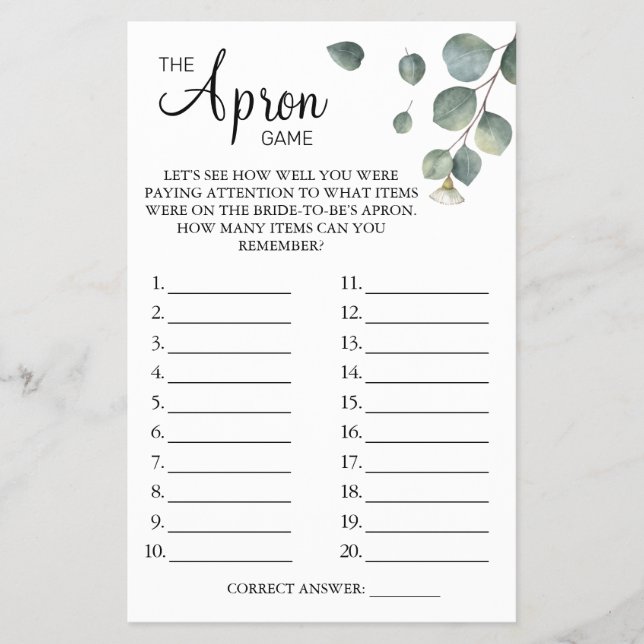 Eucalyptus The Apron Bridal shower game card Flyer (Front)
