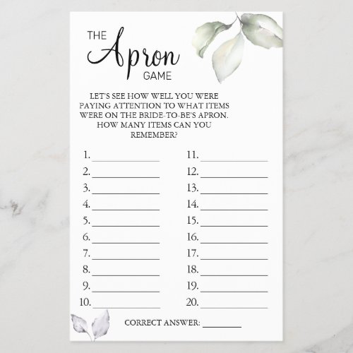 Eucalyptus The Apron Bridal shower game card Flyer