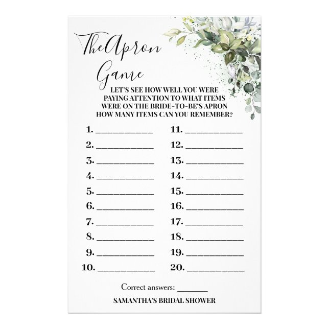 Eucalyptus The Apron Bridal Shower Game Card Flyer (Front)