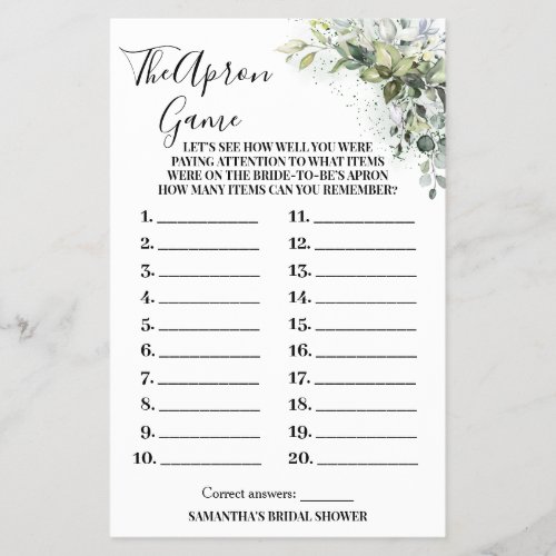 Eucalyptus The Apron Bridal Shower Game Card Flyer