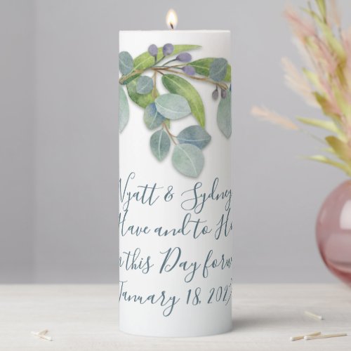 Eucalyptus To Have and Hold Wedding Saying  Pillar Candle