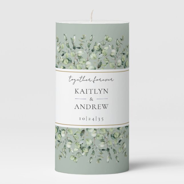 Eucalyptus Together Forever Sage Green Wedding Pillar Candle (Front)