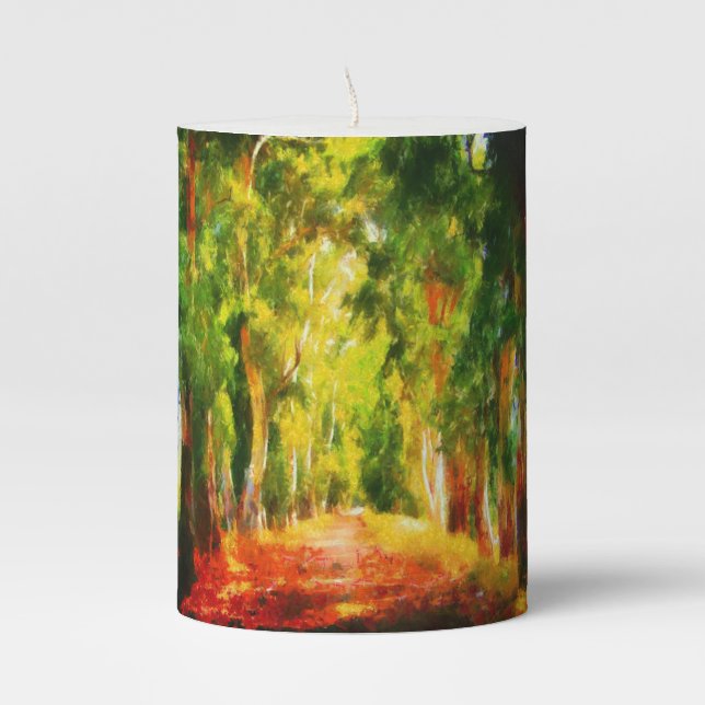 Eucalyptus Tree Lined Avenue Pointillism Art Pillar Candle (Front)