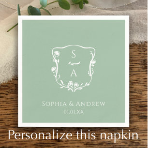 Eucalyptus Trendy Monogram Floral Crest Wedding Napkins