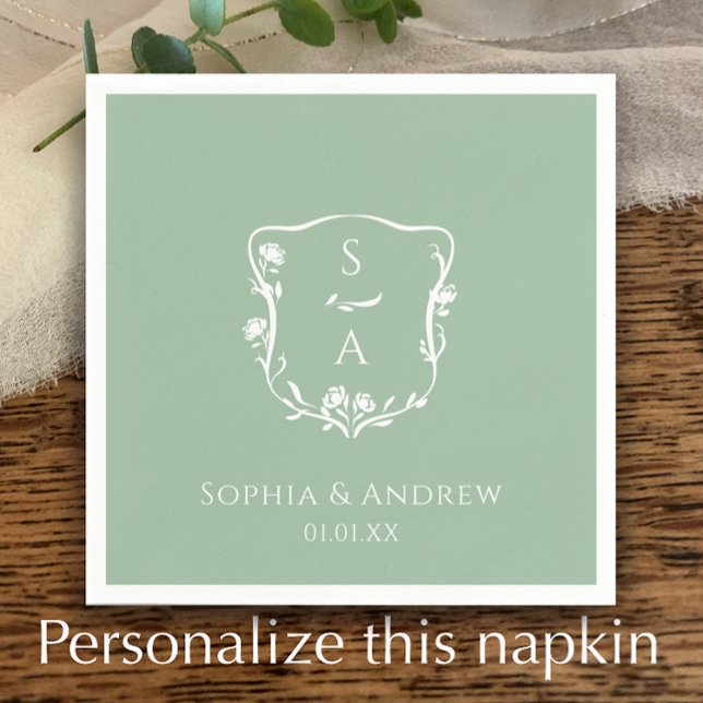 Eucalyptus Trendy Monogram Floral Crest Wedding Napkins (Add your initials for a unique couple’s monogram on a hand drawn floral crest on eucalyptus green.)