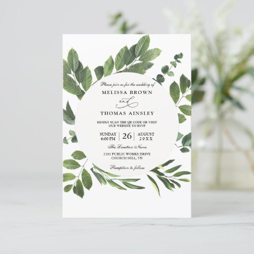 Eucalyptus Tropical Leaves Budget QR Code Wedding Invitation