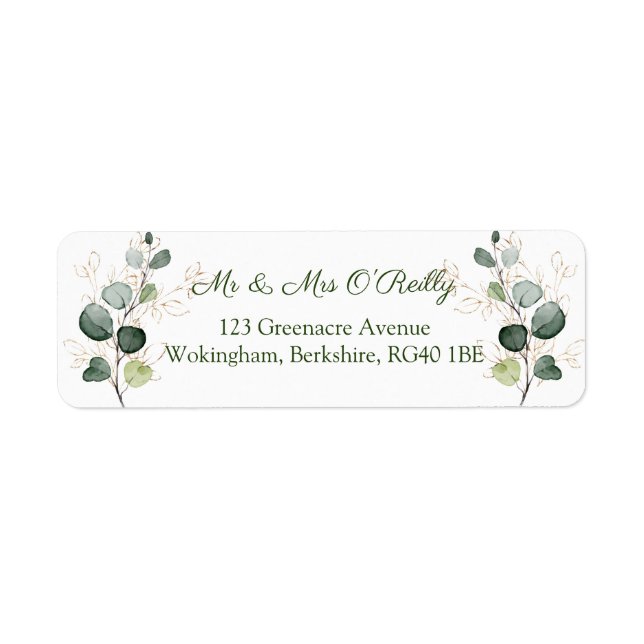 Eucalyptus Twigs Gold Leaves Wedding  Label (Front)