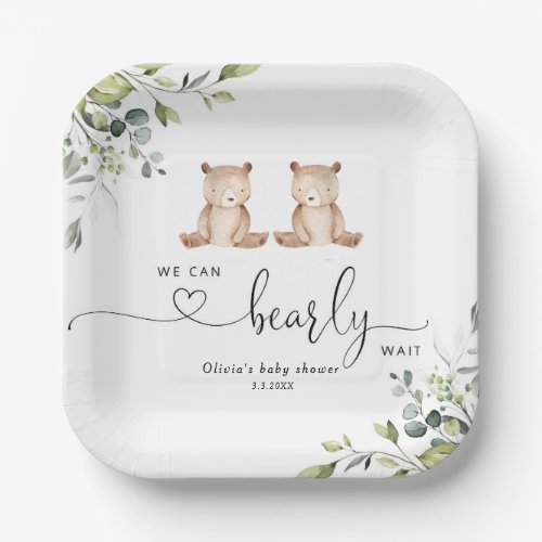 Eucalyptus twin bears baby shower paper plates