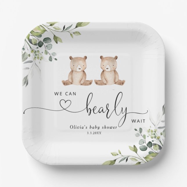 Eucalyptus twin bears baby shower paper plates (Front)