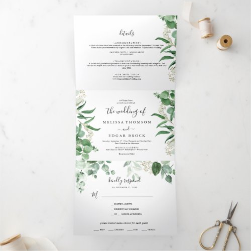  Eucalyptus vegetation Green Leaf Wedding Tri_Fold Invitation