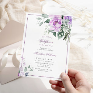 Eucalyptus Violet Flowers Baby Shower Invitation