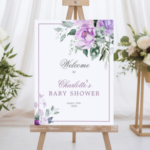 Eucalyptus Violet Flowers Baby Shower Welcome Sign