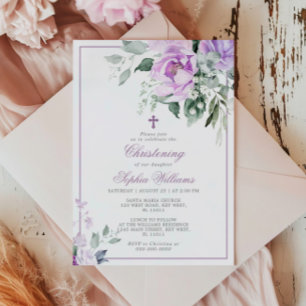 Eucalyptus Violet Flowers Christening Invitation