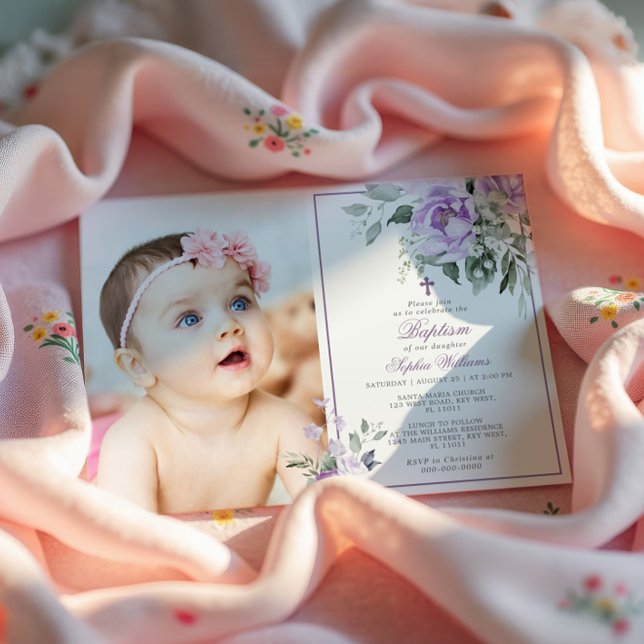 Eucalyptus Violet Flowers Photo Girl Baptism Invitation (Creator Uploaded)