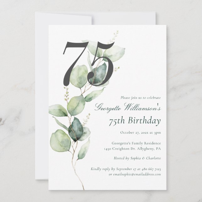 Eucalyptus Watercolor 75th Birthday Script Invitation (Front)