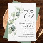 Eucalyptus Watercolor 75th Birthday Script Invitation<br><div class="desc">Cute and modern, yet elegant 75th birthday party invitations. Featuring a trendy layout and watercolor floral and greenery eucalyptus and pink blush. Perfect for any age birthday party invitation. The template that can be easily edited and the text replaced with your own details by clicking the "Personalize" button. For further...</div>