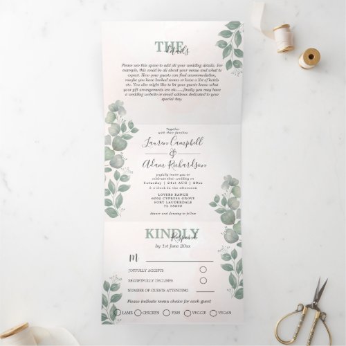 Eucalyptus Watercolor All_in_One Wedding  Tri_Fold Invitation