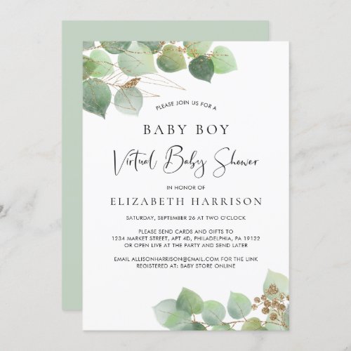 Eucalyptus Watercolor Baby  Boy Virtual Shower Invitation