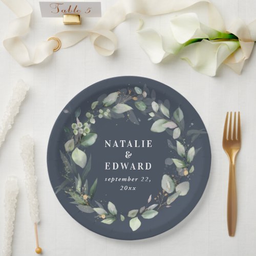 Eucalyptus watercolor botanical blue wedding paper plates