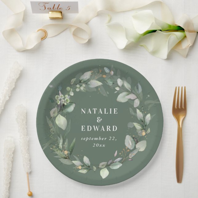 Eucalyptus watercolor botanical green wedding paper plates (Wedding)