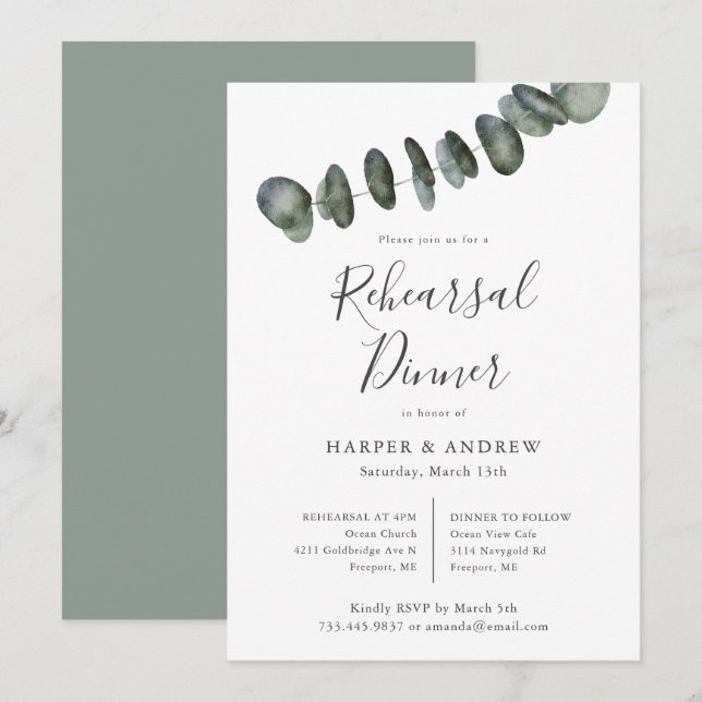 Eucalyptus Watercolor Botanical Rehearsal Dinner Invitation (Front/Back)